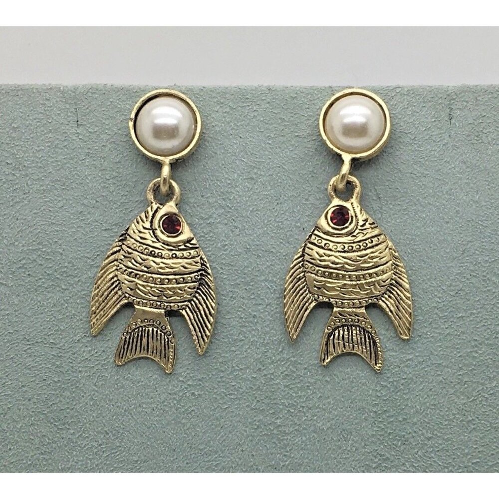 Bergdorf Goodman Angelfish Fish Earrings Bronze Gold Tone Faux Pearls  1995 BG